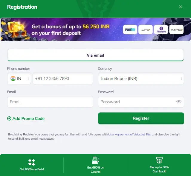 Valorbet account registration