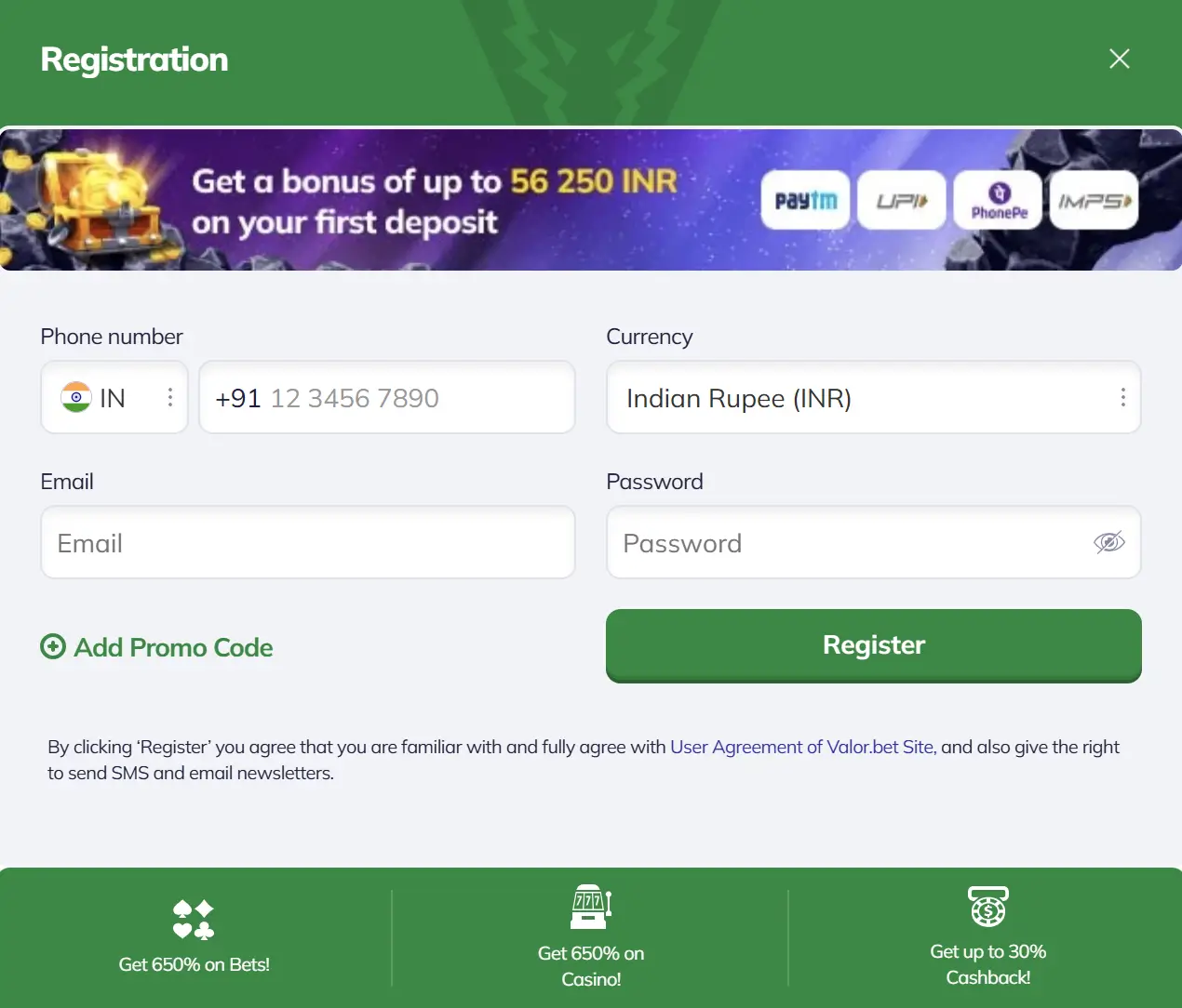 Valor account registration form